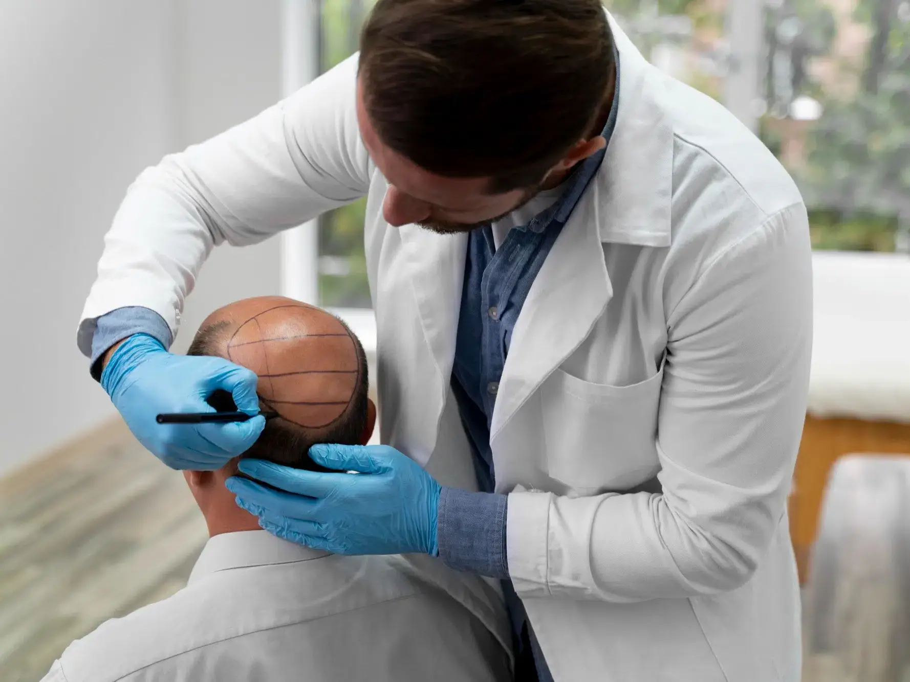homem de idade se consultando com profissional de transplante capilar