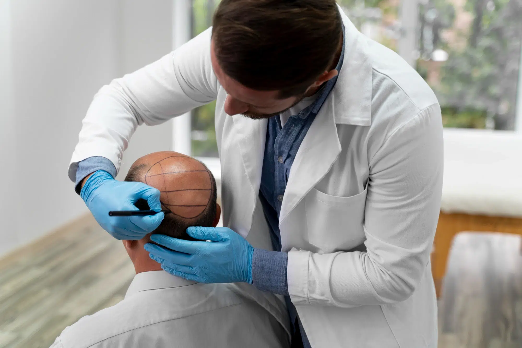 homem de idade se consultando com profissional de transplante capilar